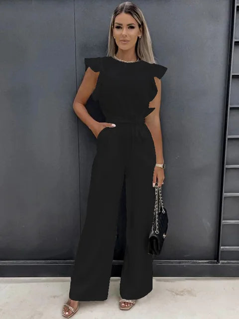 Women's Jumpsuit - Ruffled Sleeves - Wide Legs