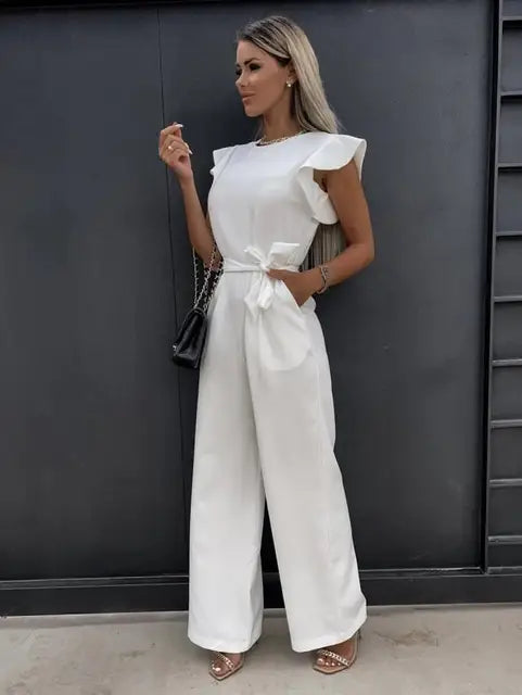 Women's Jumpsuit - Ruffled Sleeves - Wide Legs