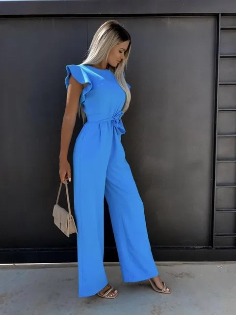 Women's Jumpsuit - Ruffled Sleeves - Wide Legs