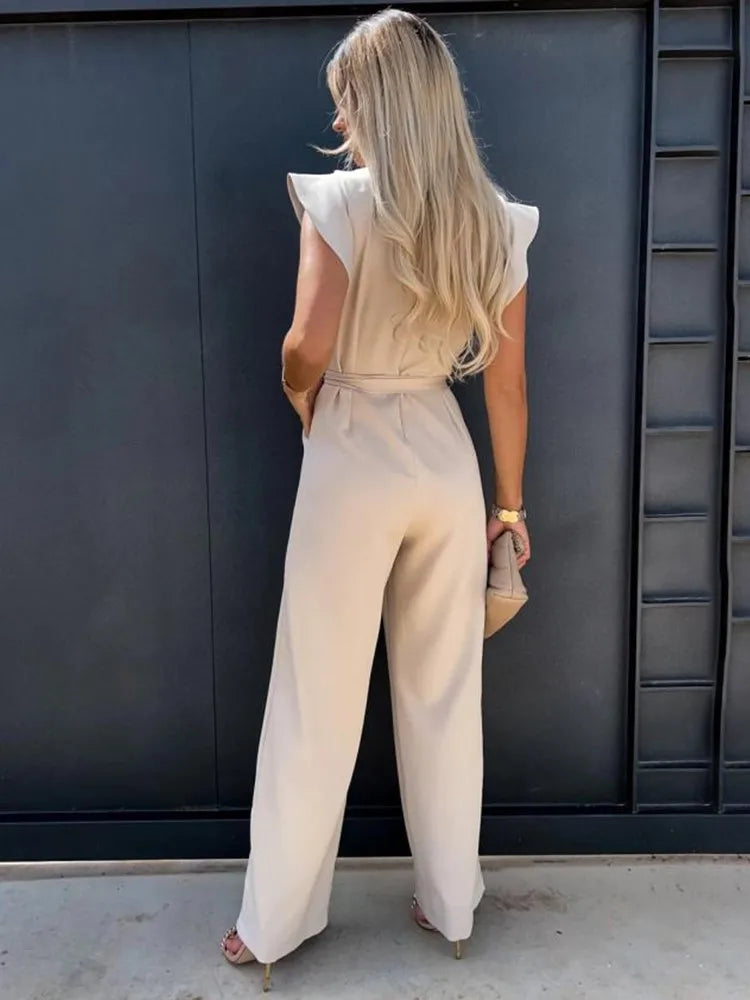 Women's Jumpsuit - Ruffled Sleeves - Wide Legs