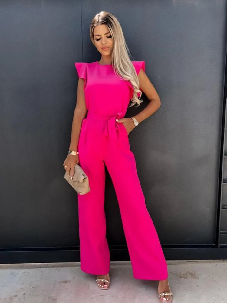Women's Jumpsuit - Ruffled Sleeves - Wide Legs