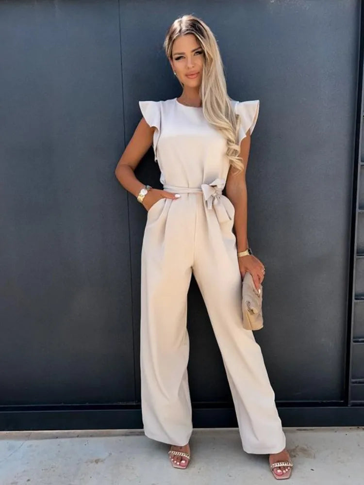 Women's Jumpsuit - Ruffled Sleeves - Wide Legs