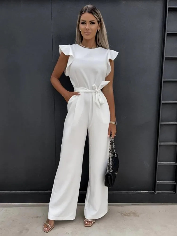 Women's Jumpsuit - Ruffled Sleeves - Wide Legs