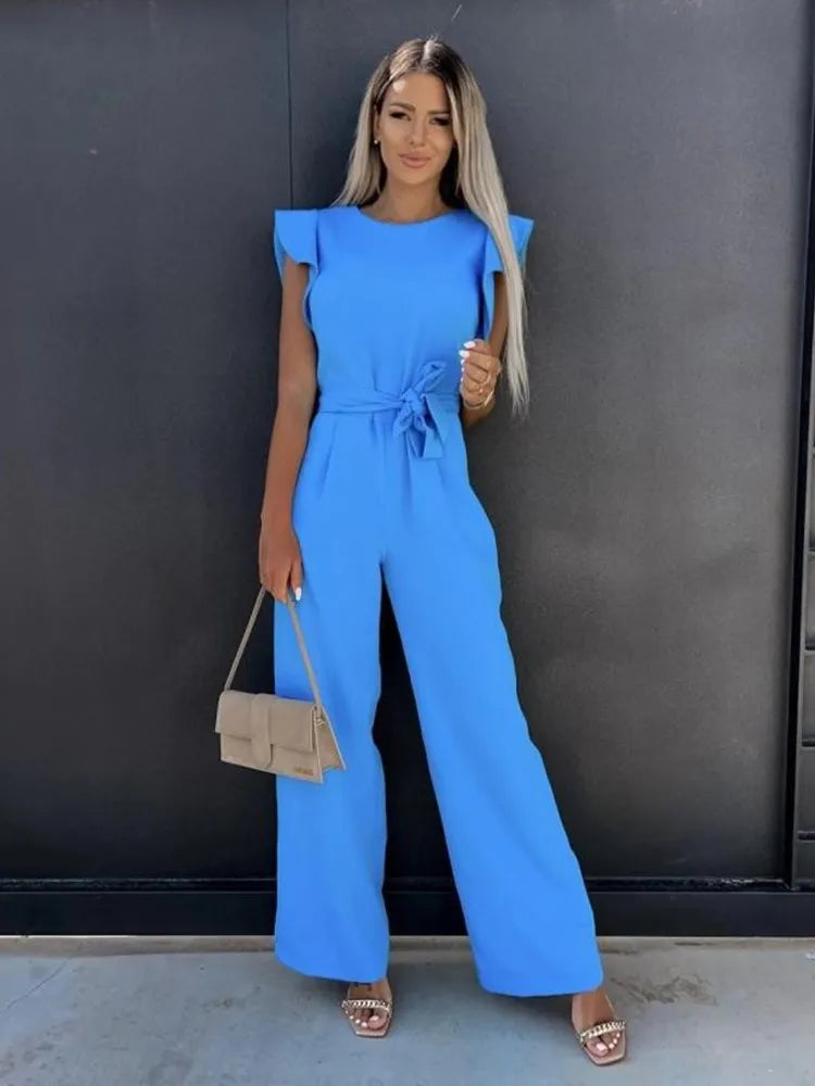 Women's Jumpsuit - Ruffled Sleeves - Wide Legs