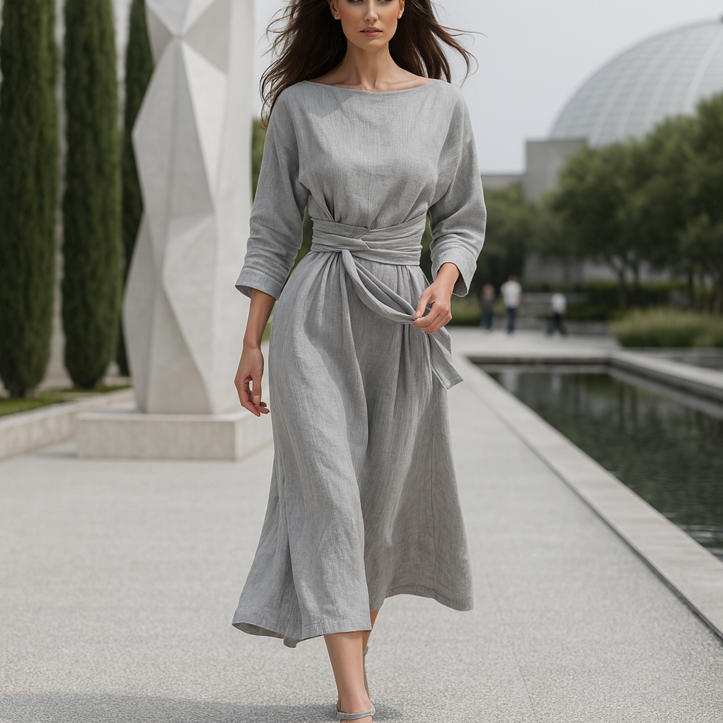 Linen Maxi Dress - Tie Waist - Boho Evening Dress