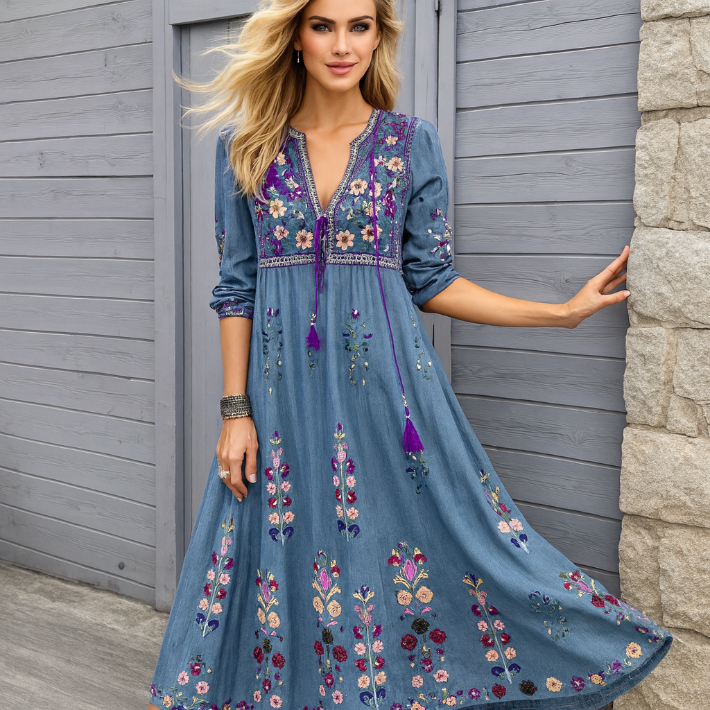 Boho Embroidered Maxi Dress - Flowing Fringed Hem