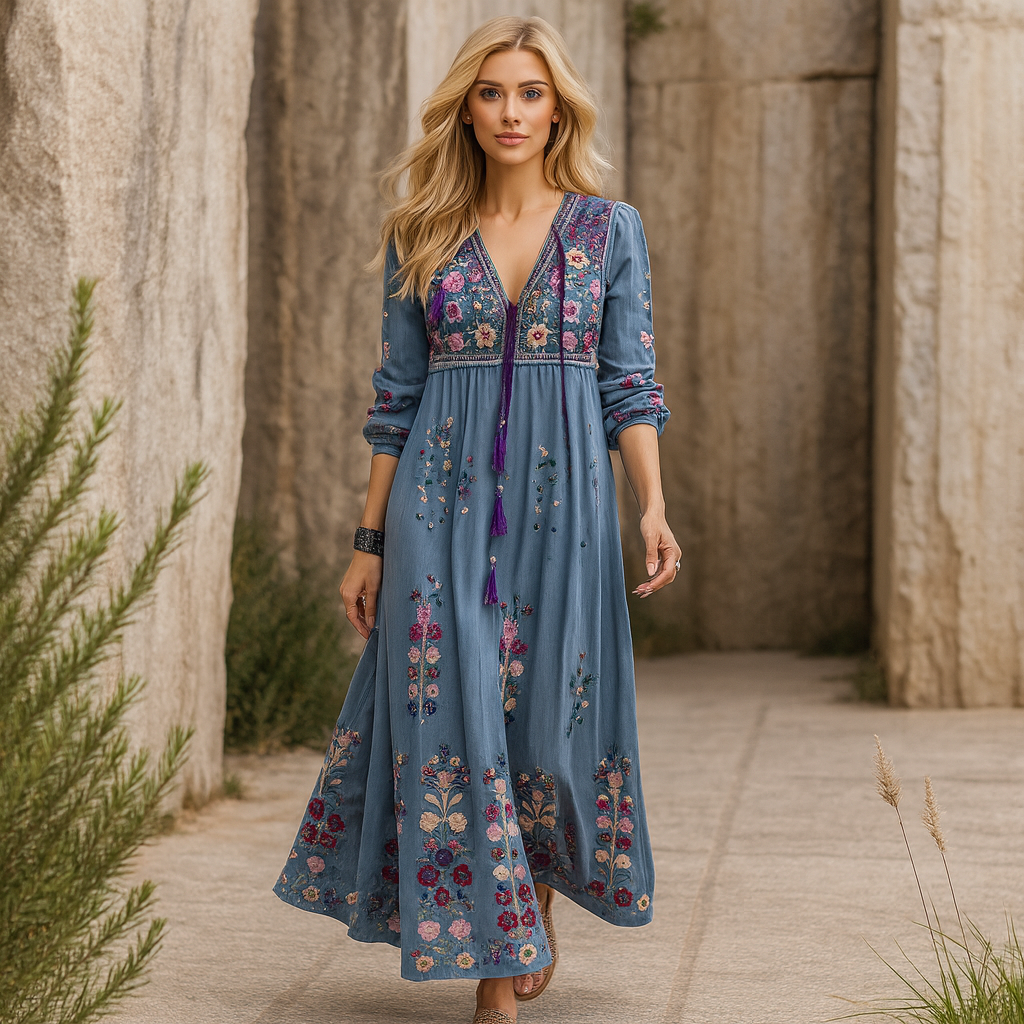 Boho Embroidered Maxi Dress - Flowing Fringed Hem
