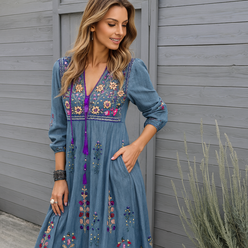 Boho Embroidered Maxi Dress - Flowing Fringed Hem