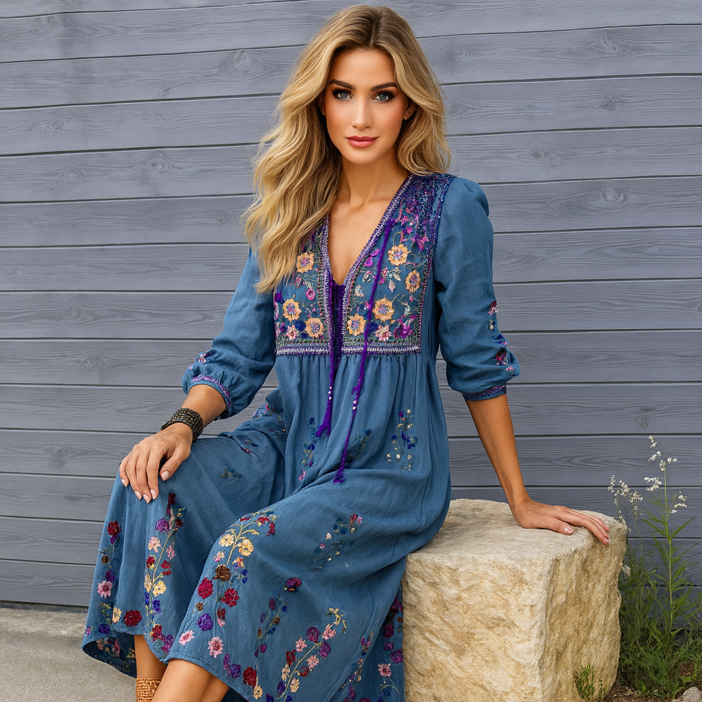 Boho Embroidered Maxi Dress - Flowing Fringed Hem