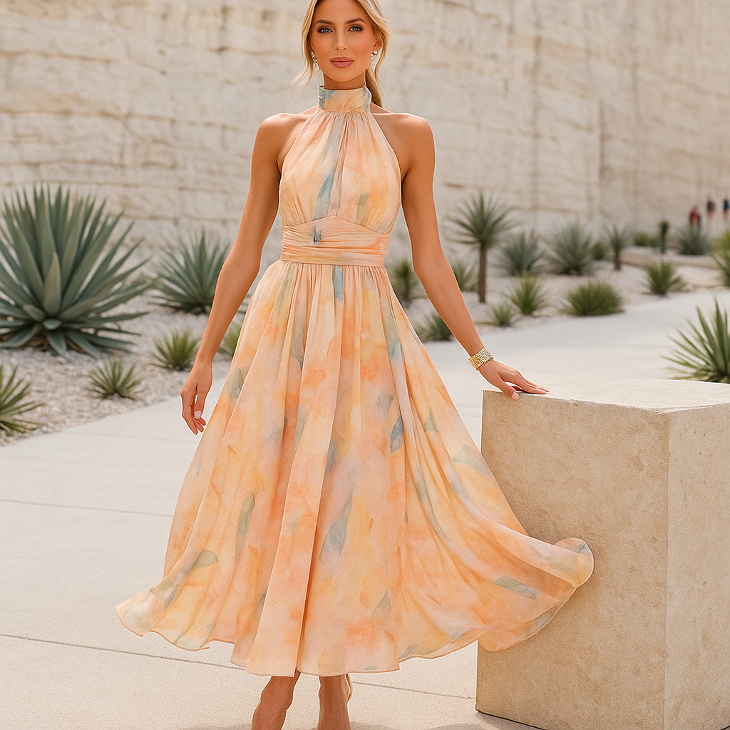 Maxi Halter Dress - Cinched Waist Detail - Flowing Skirt