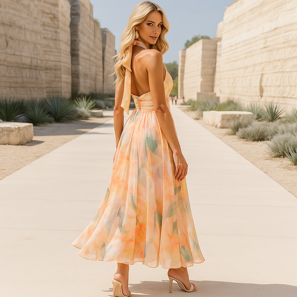 Maxi Halter Dress - Cinched Waist Detail - Flowing Skirt