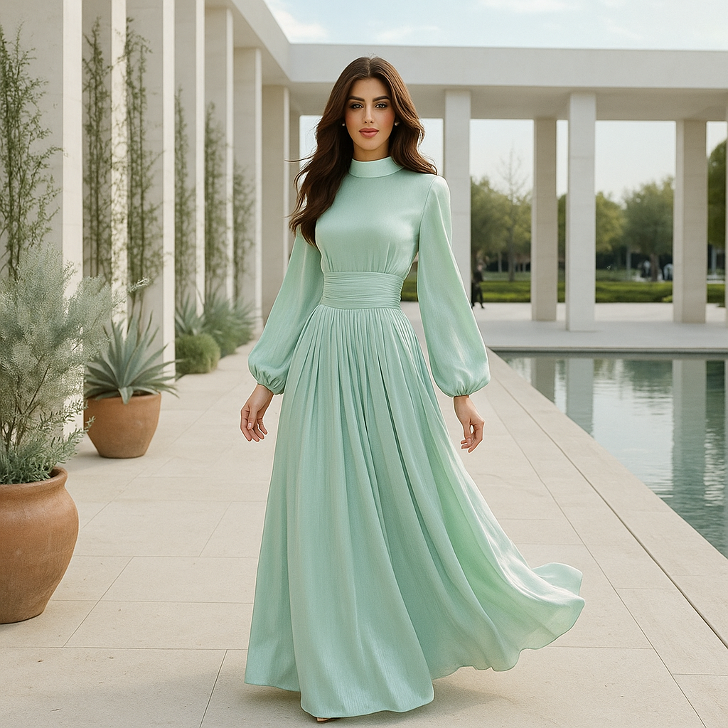 Elegant Maxi Evening Dress - High Neckline - Structured Belt
