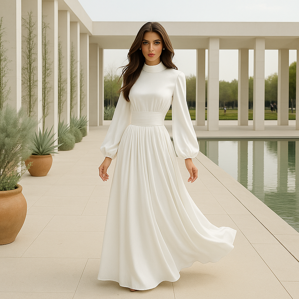 Elegant Maxi Evening Dress - High Neckline - Structured Belt