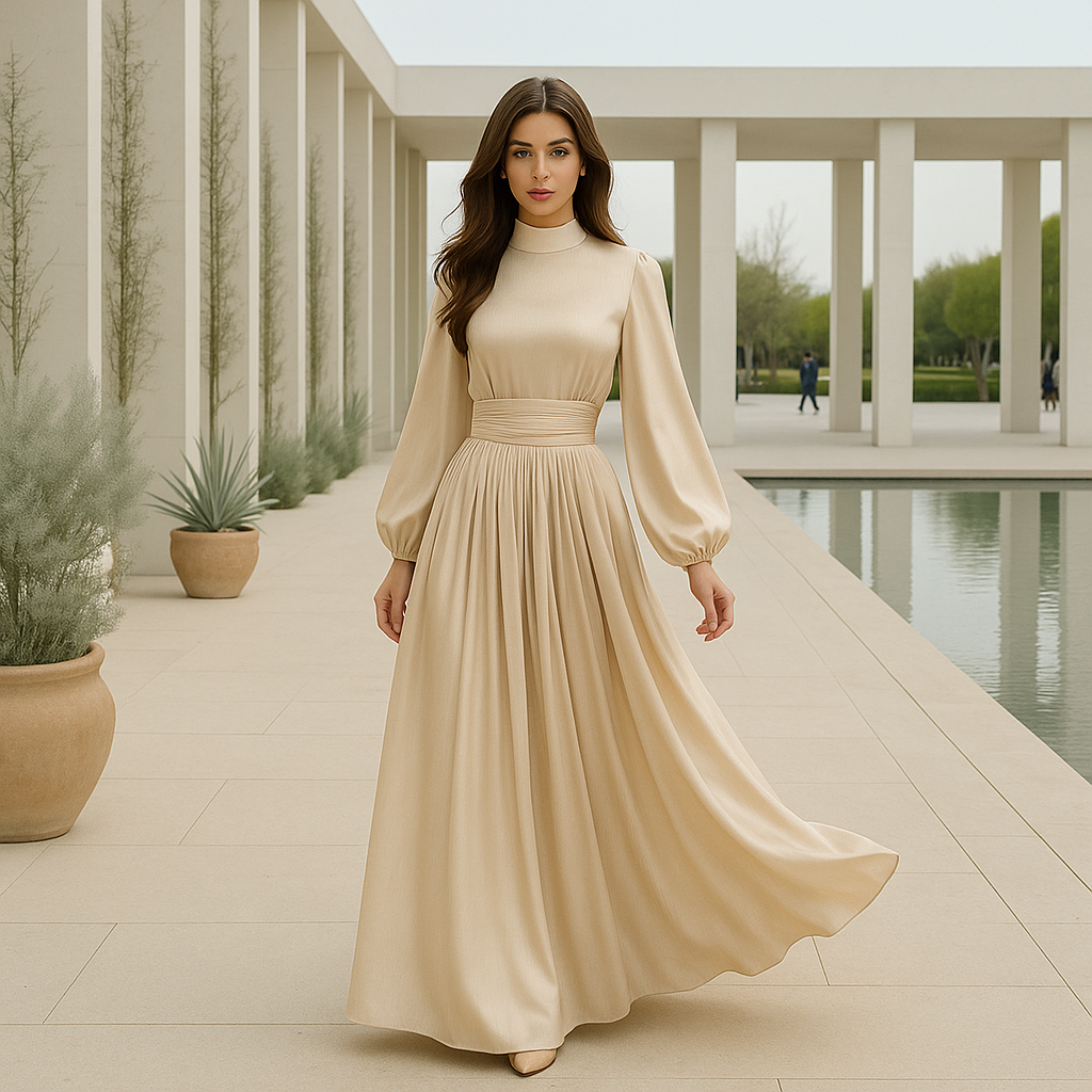 Elegant Maxi Evening Dress - High Neckline - Structured Belt