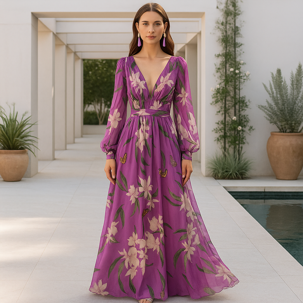 Long Elegant Chiffon Maxi Dress - Floral Pattern - V-Neck