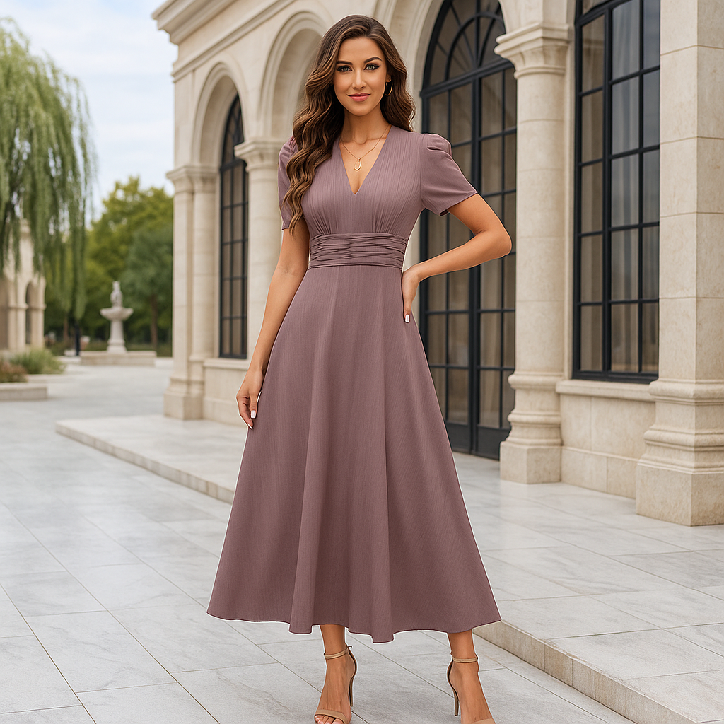 Maxi Evening Dress - V-Neck - Puff Sleeves - Elegant