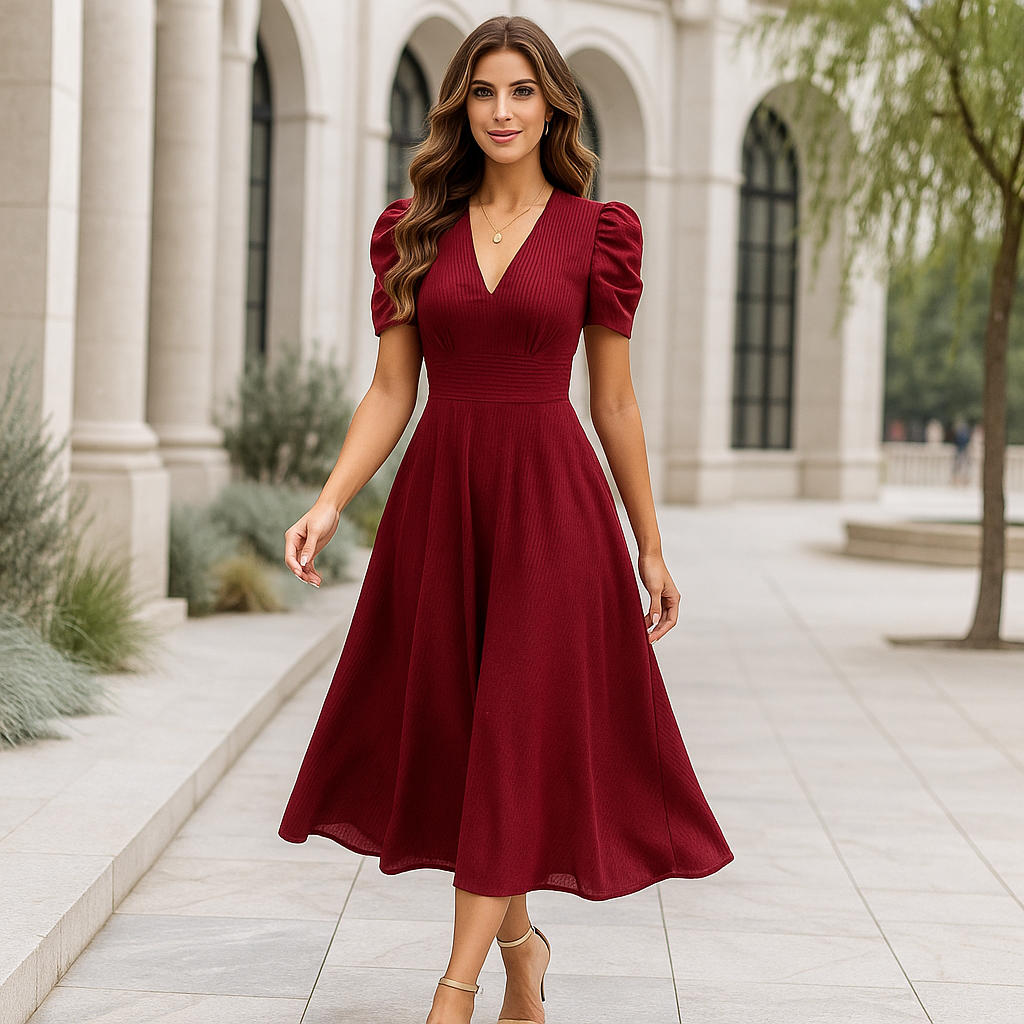 Maxi Evening Dress - V-Neck - Puff Sleeves - Elegant