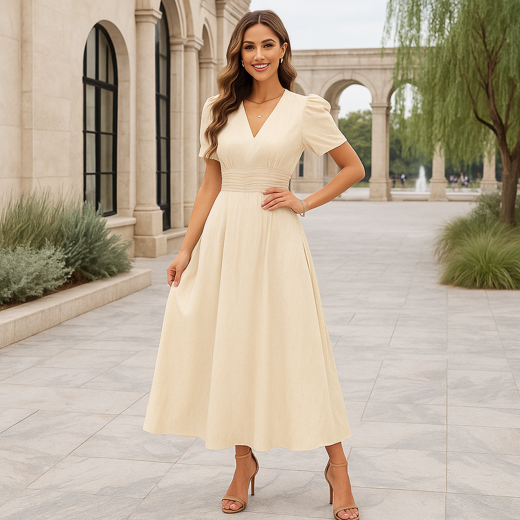 Maxi Evening Dress - V-Neck - Puff Sleeves - Elegant