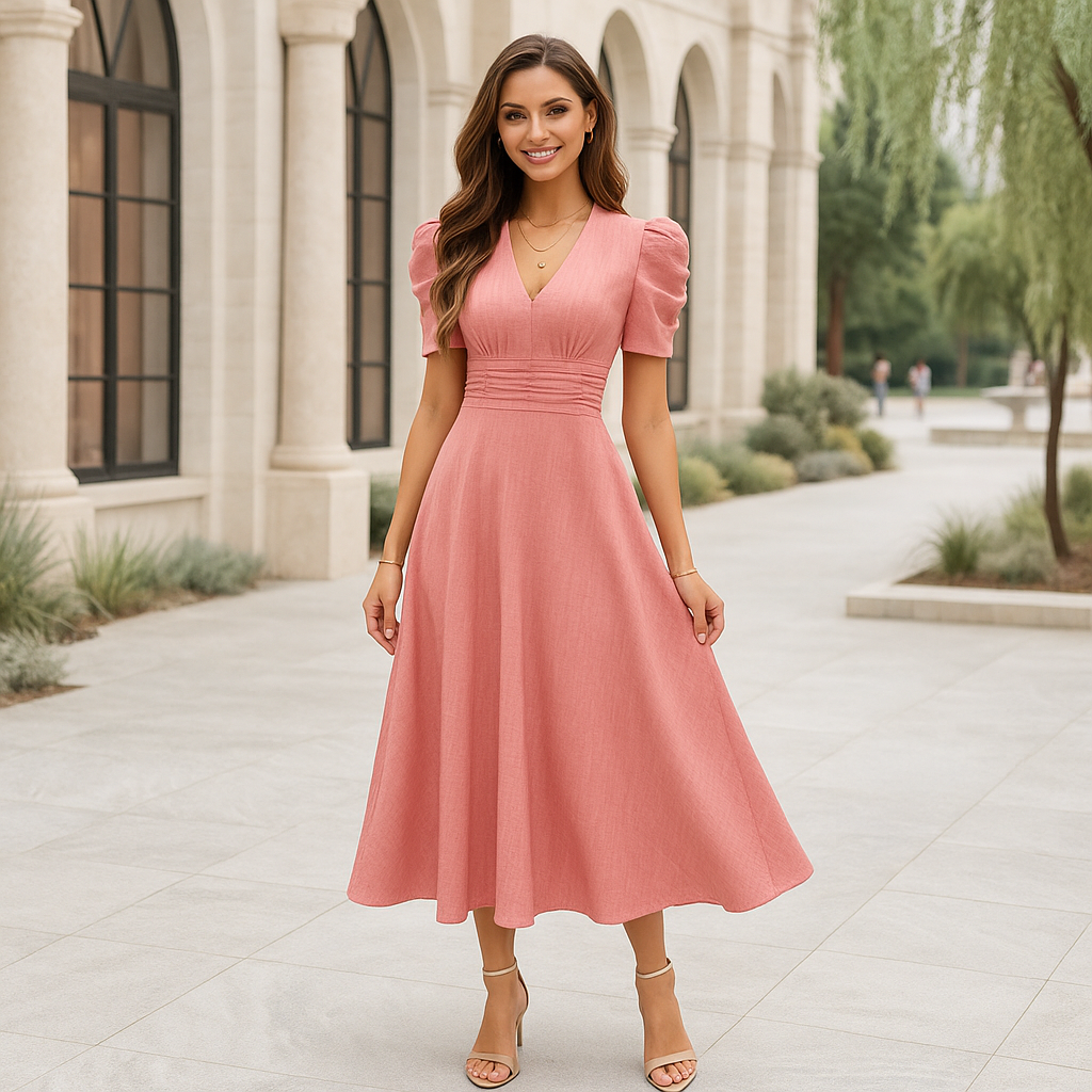 Maxi Evening Dress - V-Neck - Puff Sleeves - Elegant