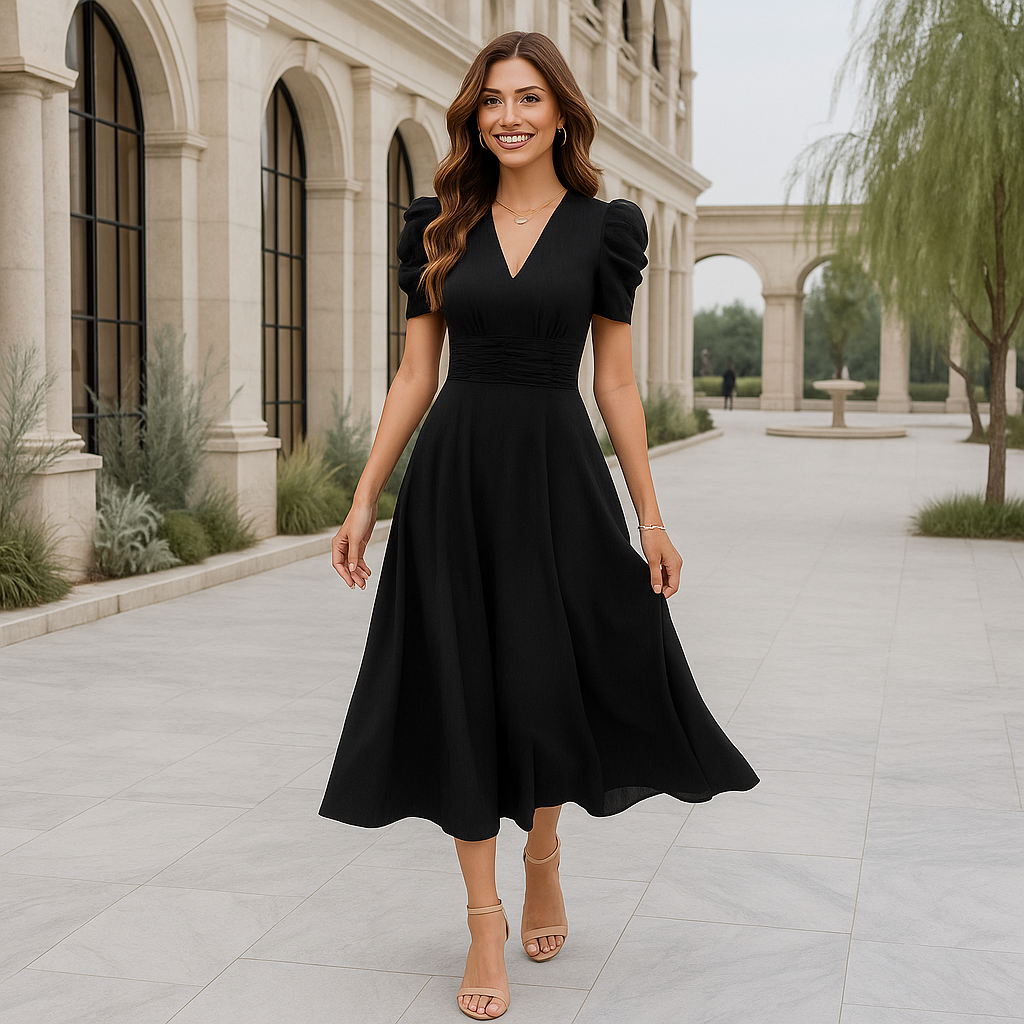 Maxi Evening Dress - V-Neck - Puff Sleeves - Elegant