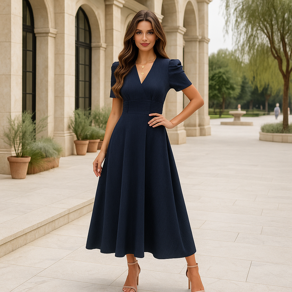 Maxi Evening Dress - V-Neck - Puff Sleeves - Elegant