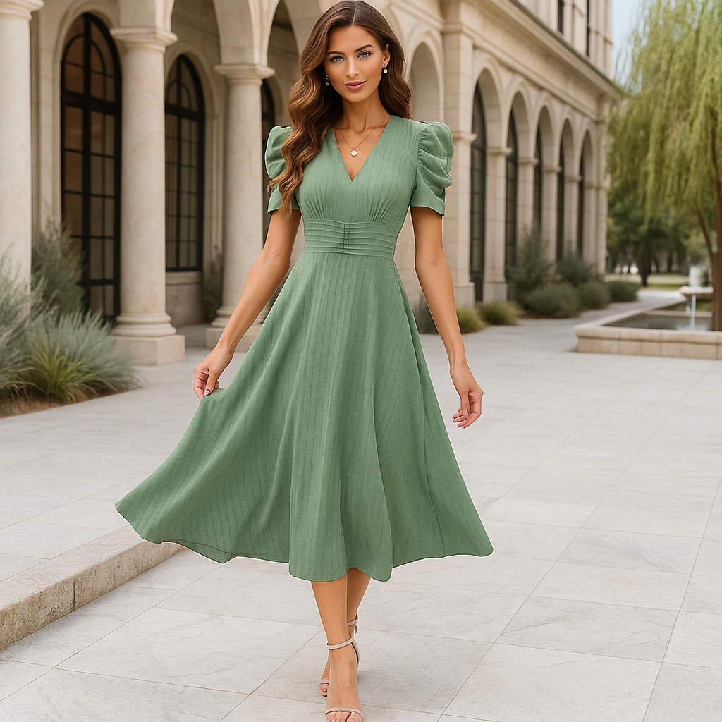 Maxi Evening Dress - V-Neck - Puff Sleeves - Elegant