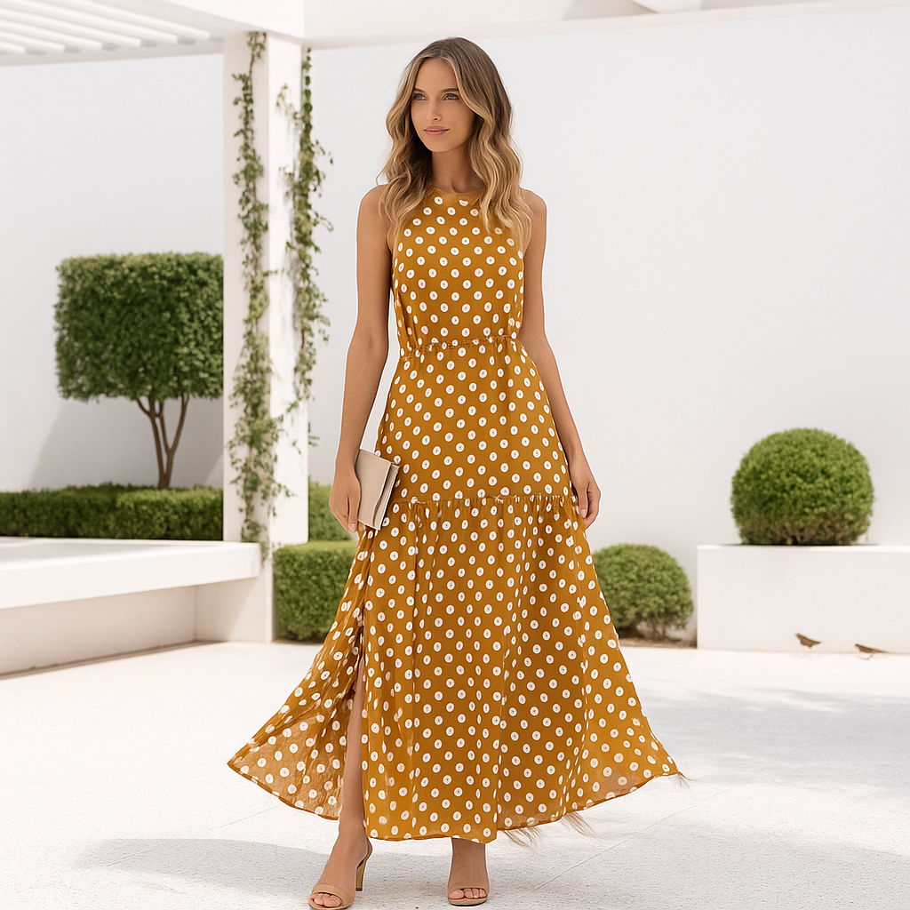 Maxi Evening Dress - Polka Dot Print - Sleeveless