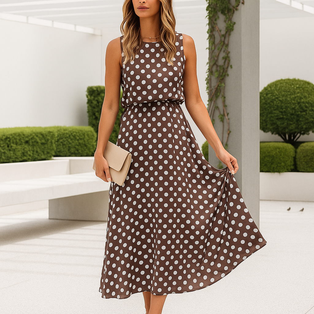 Maxi Evening Dress - Polka Dot Print - Sleeveless