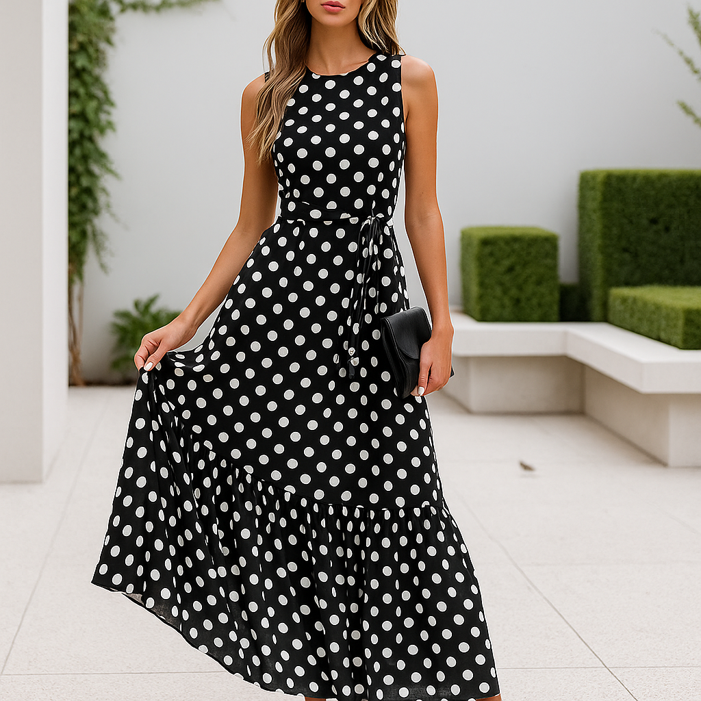 Maxi Evening Dress - Polka Dot Print - Sleeveless