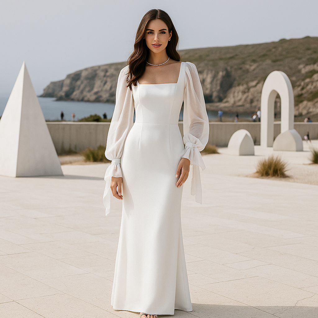 Elegant Maxi Evening Gown - Long Sleeves - Floor-Length - Formal