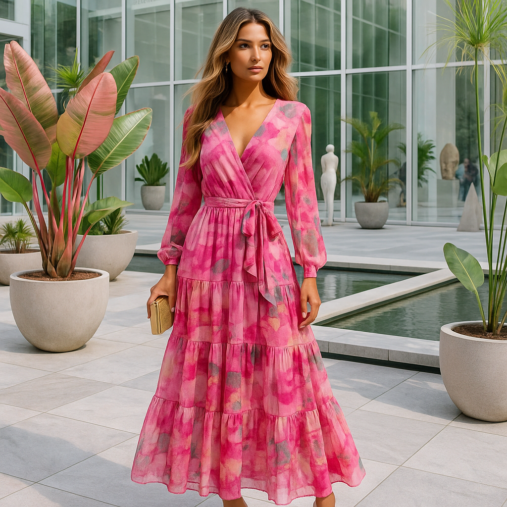 Long Floral Evening Dress - Belted Waist - Elegant Gown