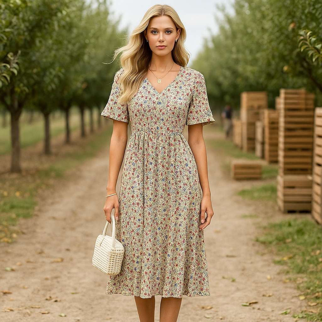 Emery - Elegant Floral Midi Evening Dress - Long Sleeve