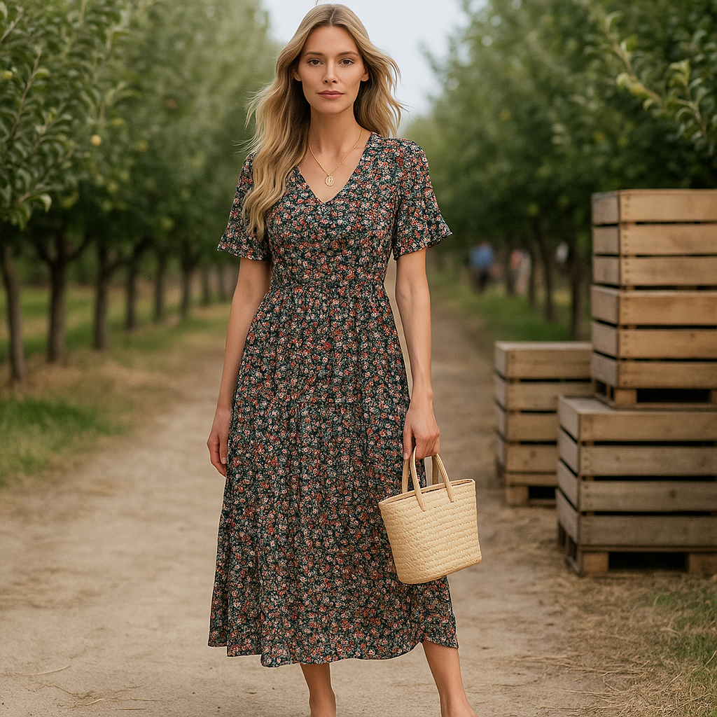 Emery - Elegant Floral Midi Evening Dress - Long Sleeve