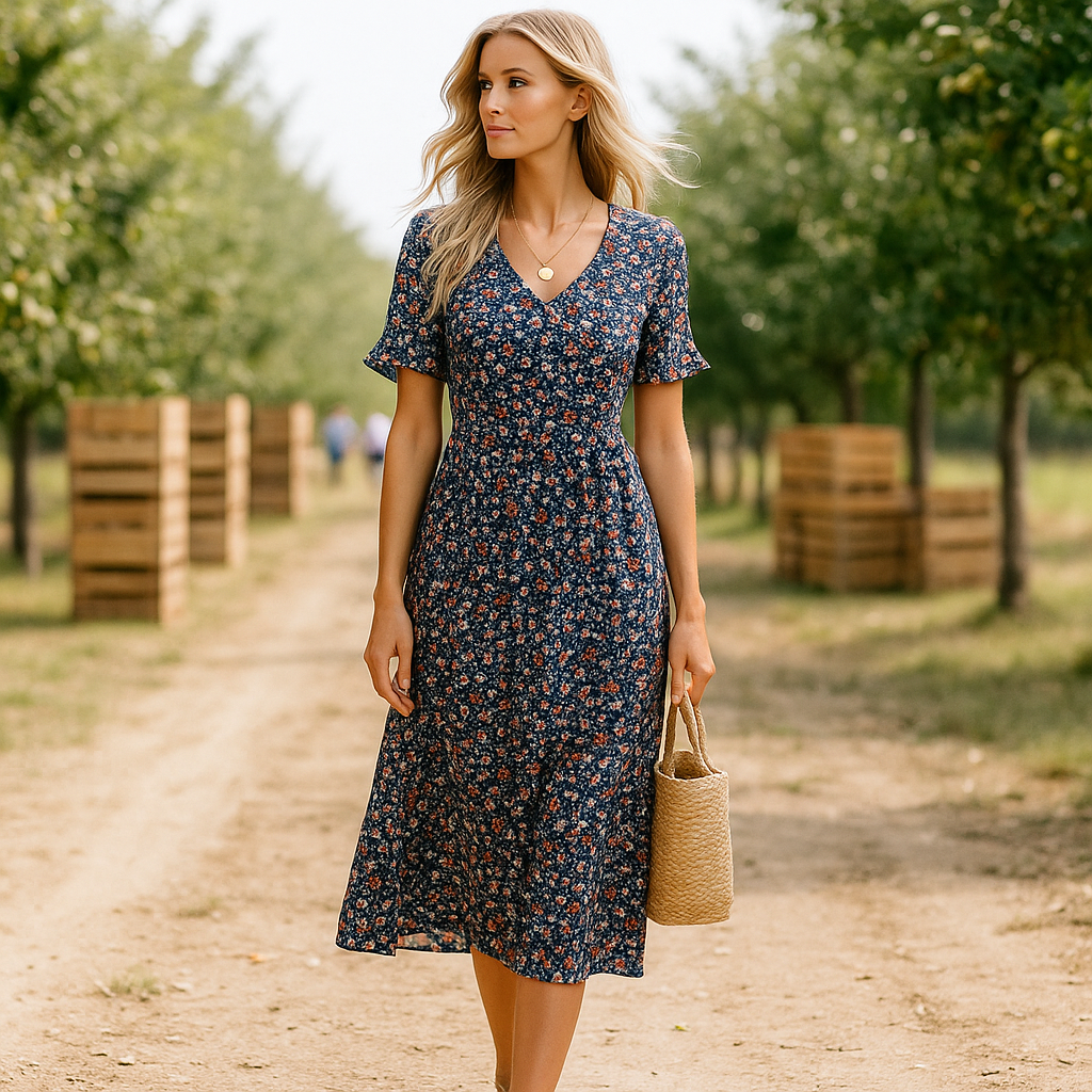 Emery - Elegant Floral Midi Evening Dress - Long Sleeve