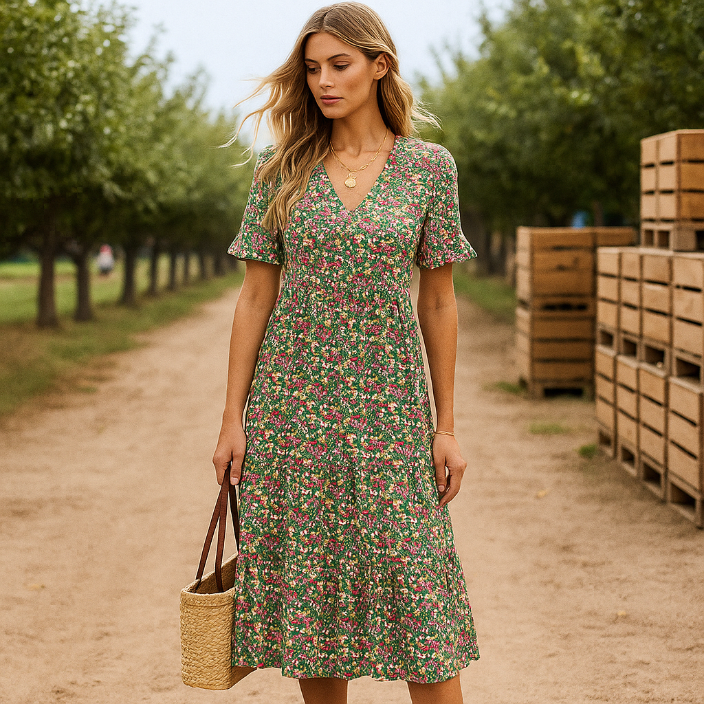 Emery - Elegant Floral Midi Evening Dress - Long Sleeve