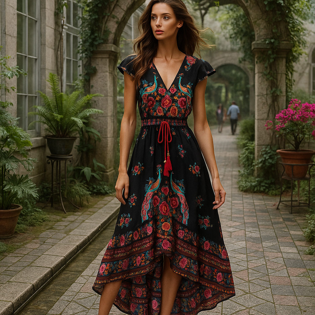 Boho Floral Evening Dress - Flowing Maxi Gown - Women