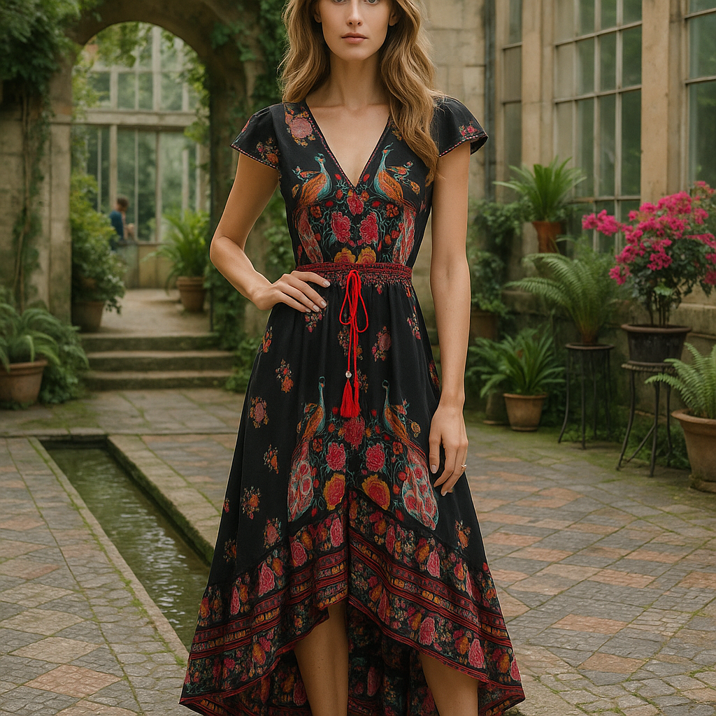 Boho Floral Evening Dress - Flowing Maxi Gown - Women