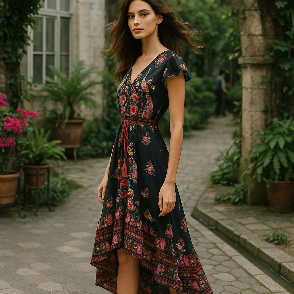 Boho Floral Evening Dress - Flowing Maxi Gown - Women