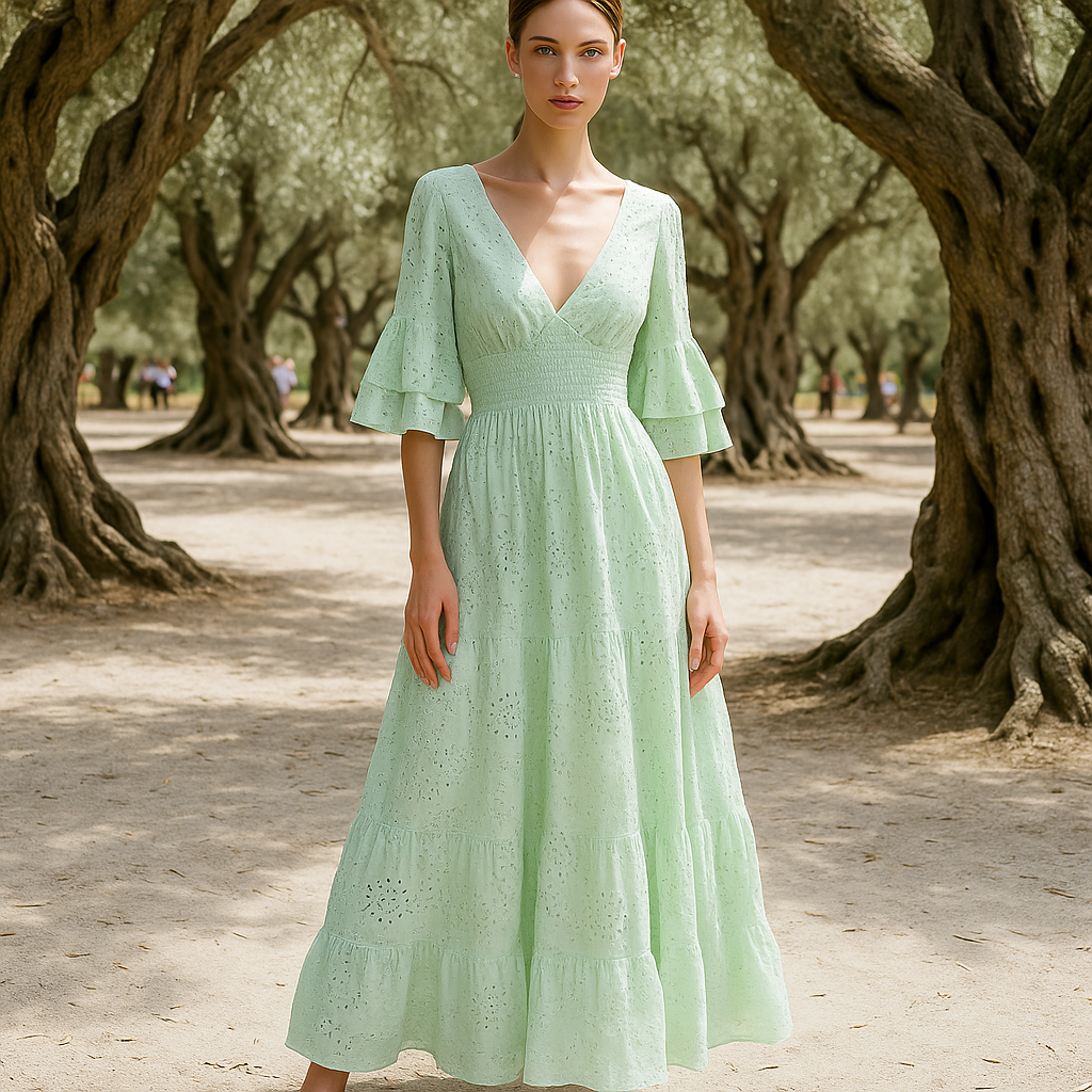 Elegant Boho Maxi Evening Dress - Embroidered - Ruffle Sleeves