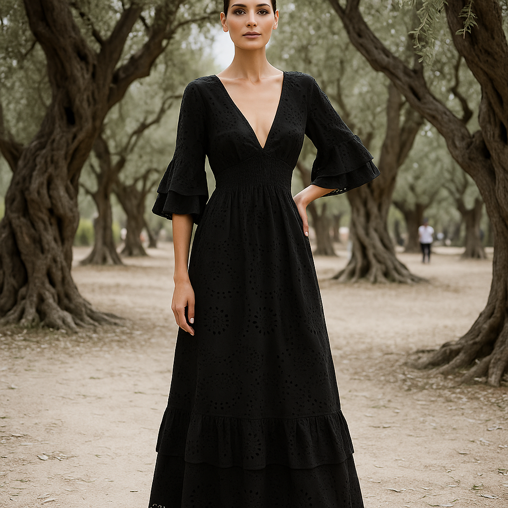 Elegant Boho Maxi Evening Dress - Embroidered - Ruffle Sleeves
