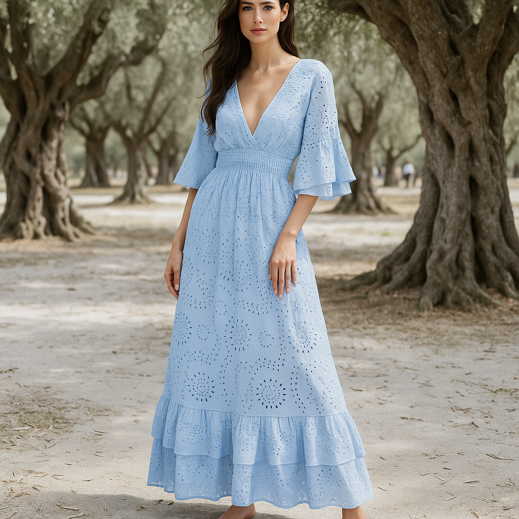 Elegant Boho Maxi Evening Dress - Embroidered - Ruffle Sleeves