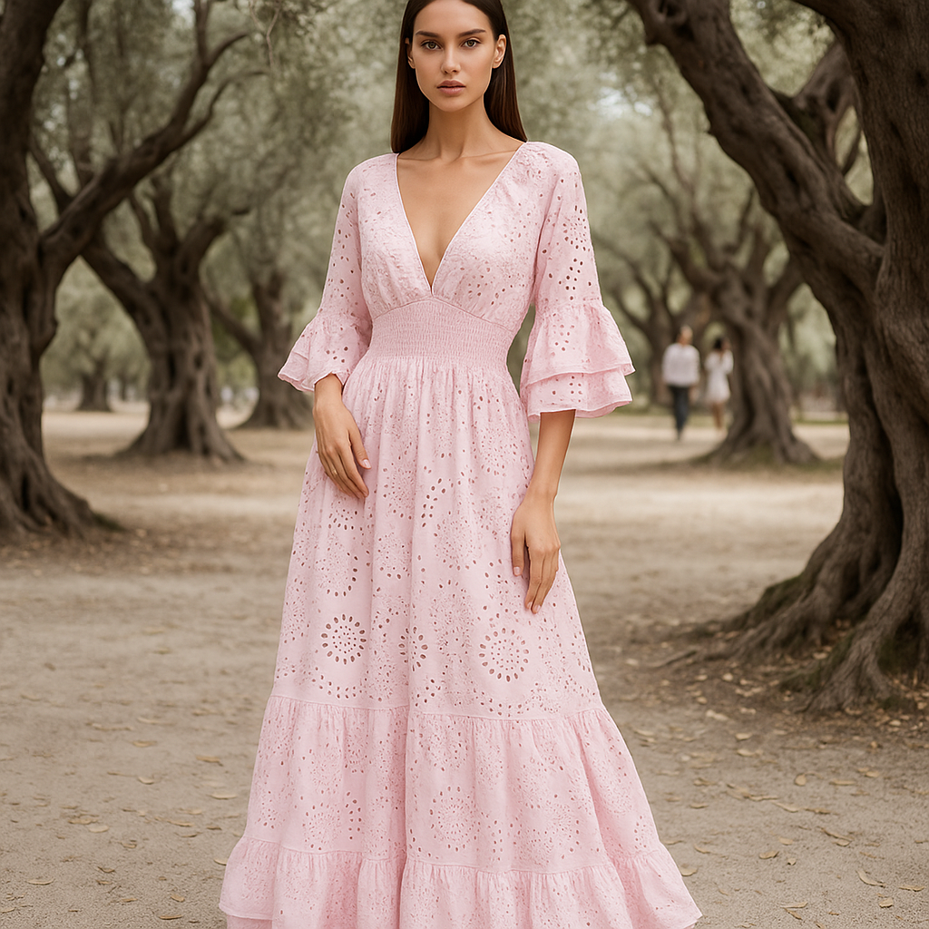Elegant Boho Maxi Evening Dress - Embroidered - Ruffle Sleeves