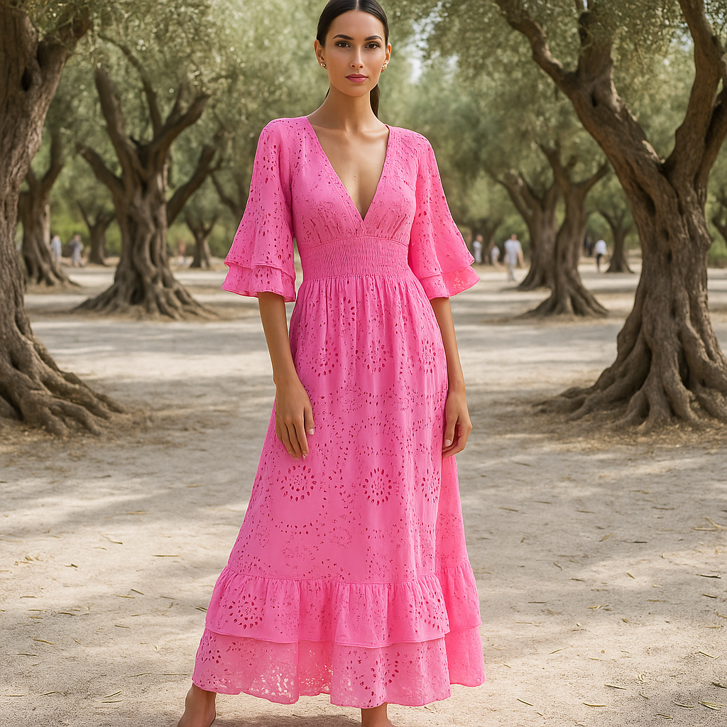 Elegant Boho Maxi Evening Dress - Embroidered - Ruffle Sleeves