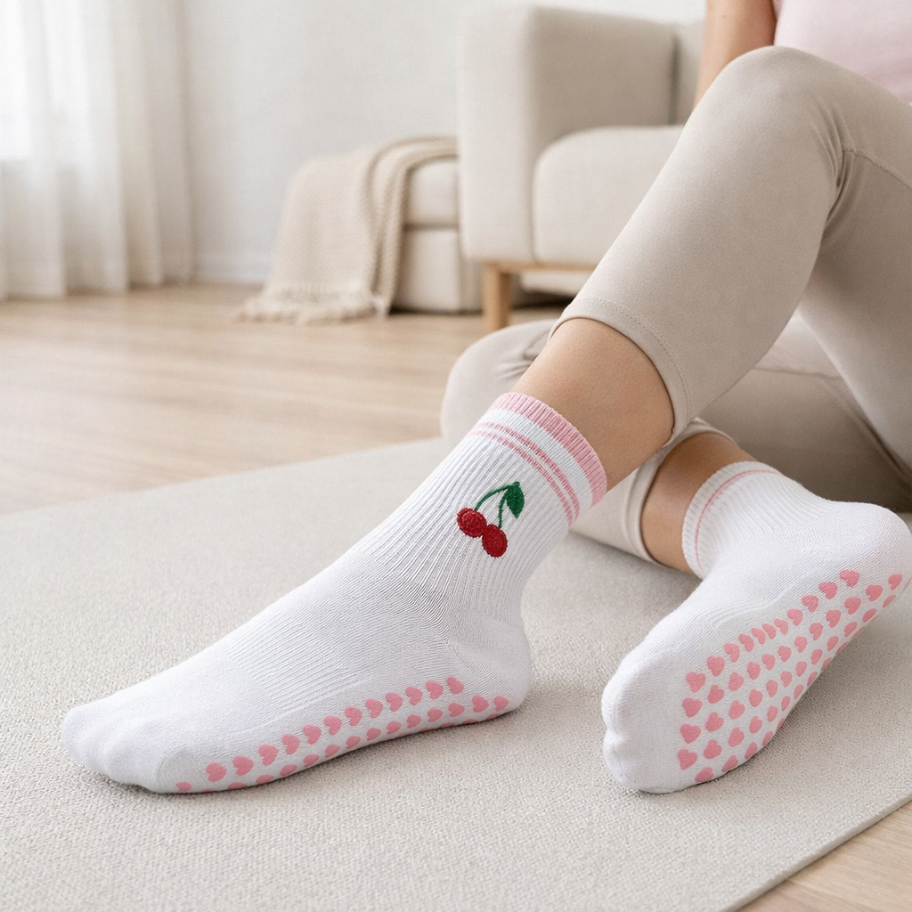 Women’s Pilates Socks - Cherry Embroidered Non-Slip
