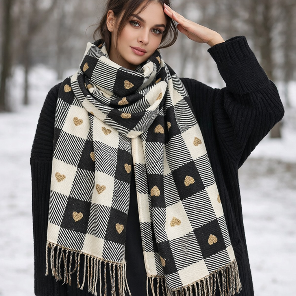 Women's Checkered Winter Scarf Shawl with Heart Pattern