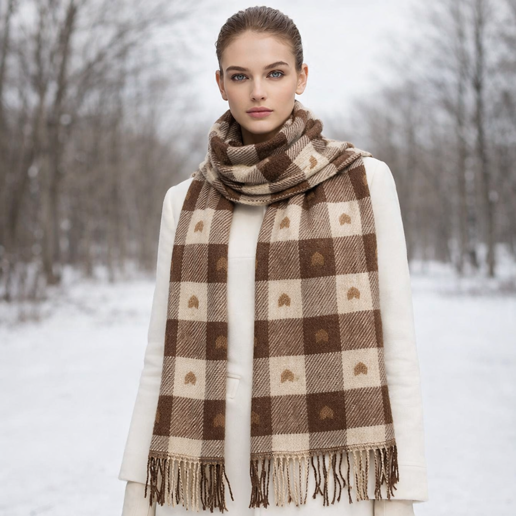 Women's Checkered Winter Scarf Shawl with Heart Pattern