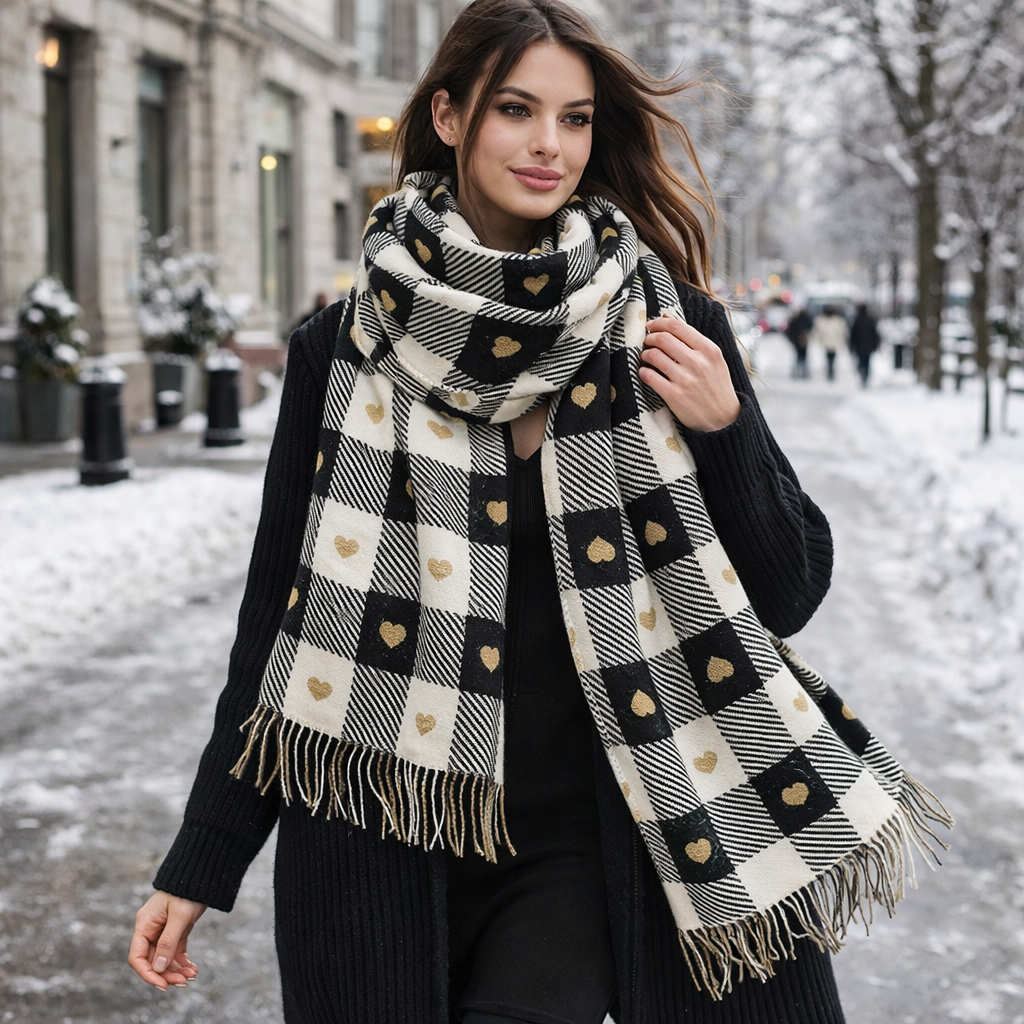 Women's Checkered Winter Scarf Shawl with Heart Pattern