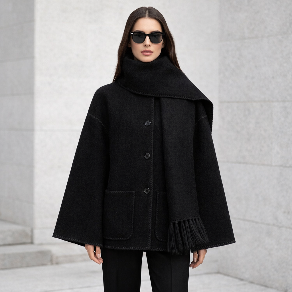 Liora - Elegant Wool Cape Jacket with Scarf