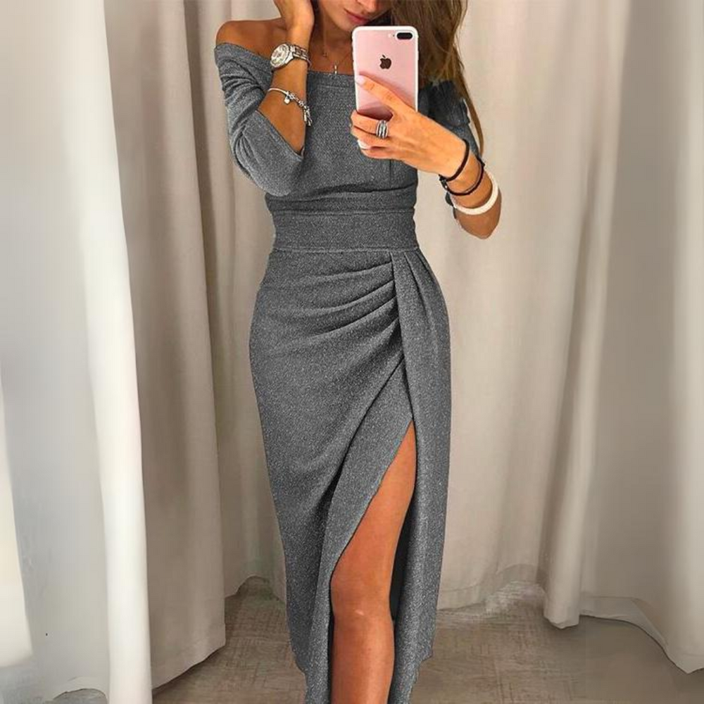 Evening Dress - Elegant Shimmering Gown - Thigh Slit