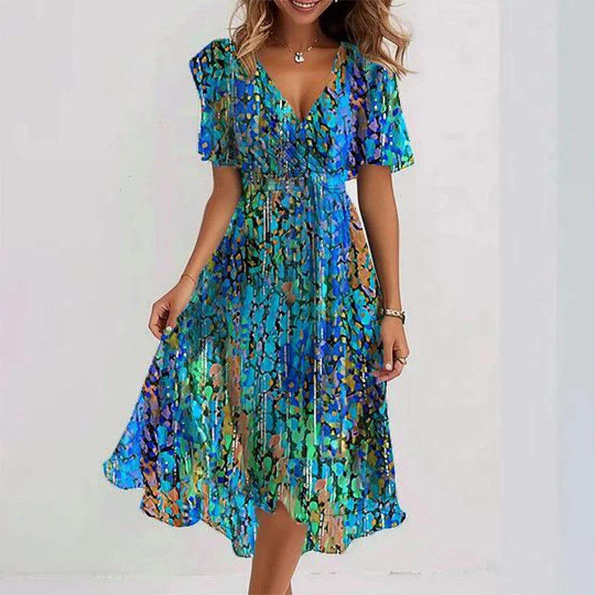 Women's V-Neck Evening Dress - Elegant - Printed Gown